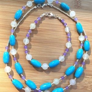 Necklace Bracelet Set of Turquoise Magnesite, Italian Onyx, Purple Stone Beads